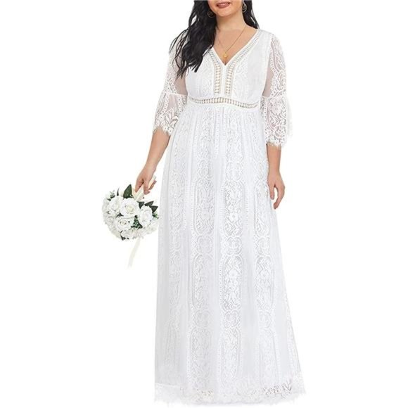 Women's Plus Size Boho Maxi Floral Lace Wedding Dress V Neck Flowy Long Dresses - Picture 3 of 6